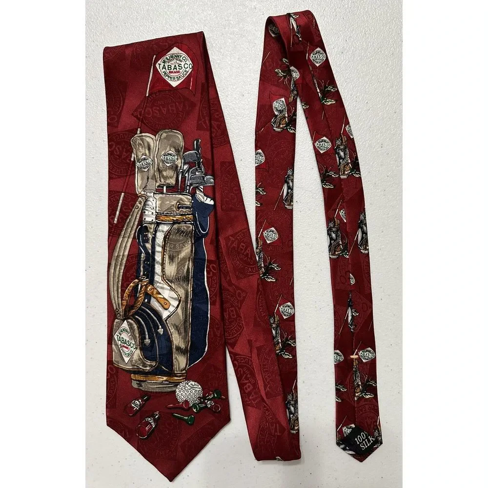 Tabasco Golf Theme Necktie 100% Silk Jacquard Logo Red Excellent 57x4